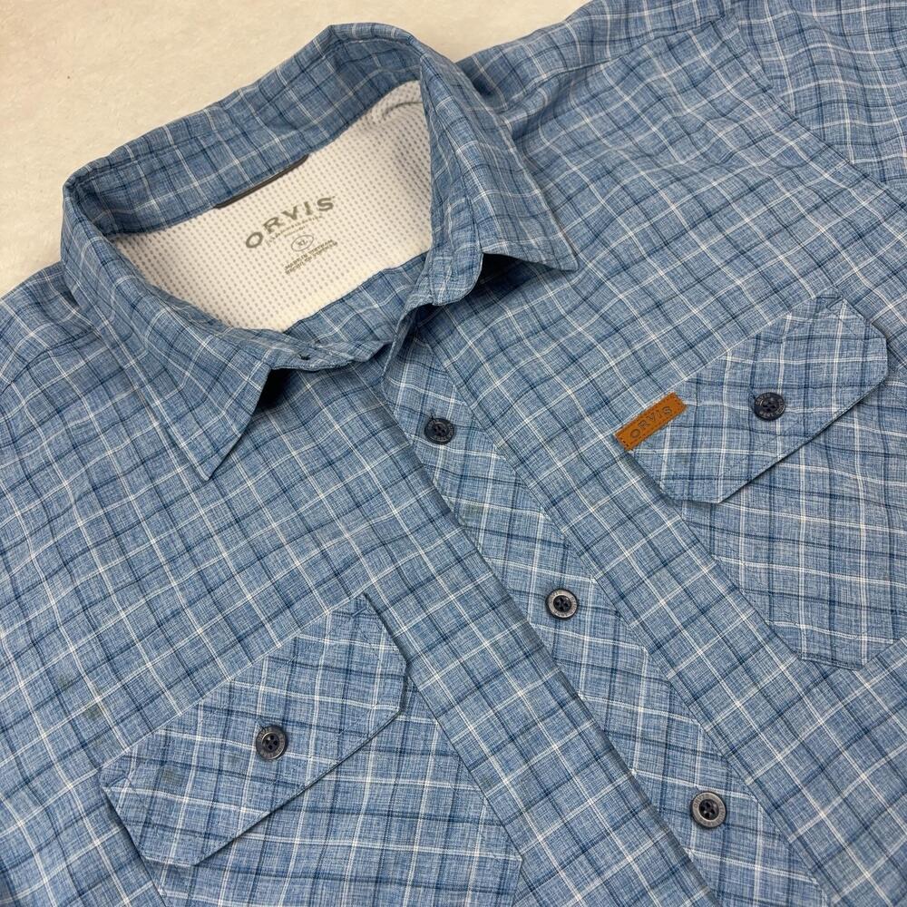 Orvis Button Up Shirt Men XL Blue Plaid Short Sleeve Lightweight Classic